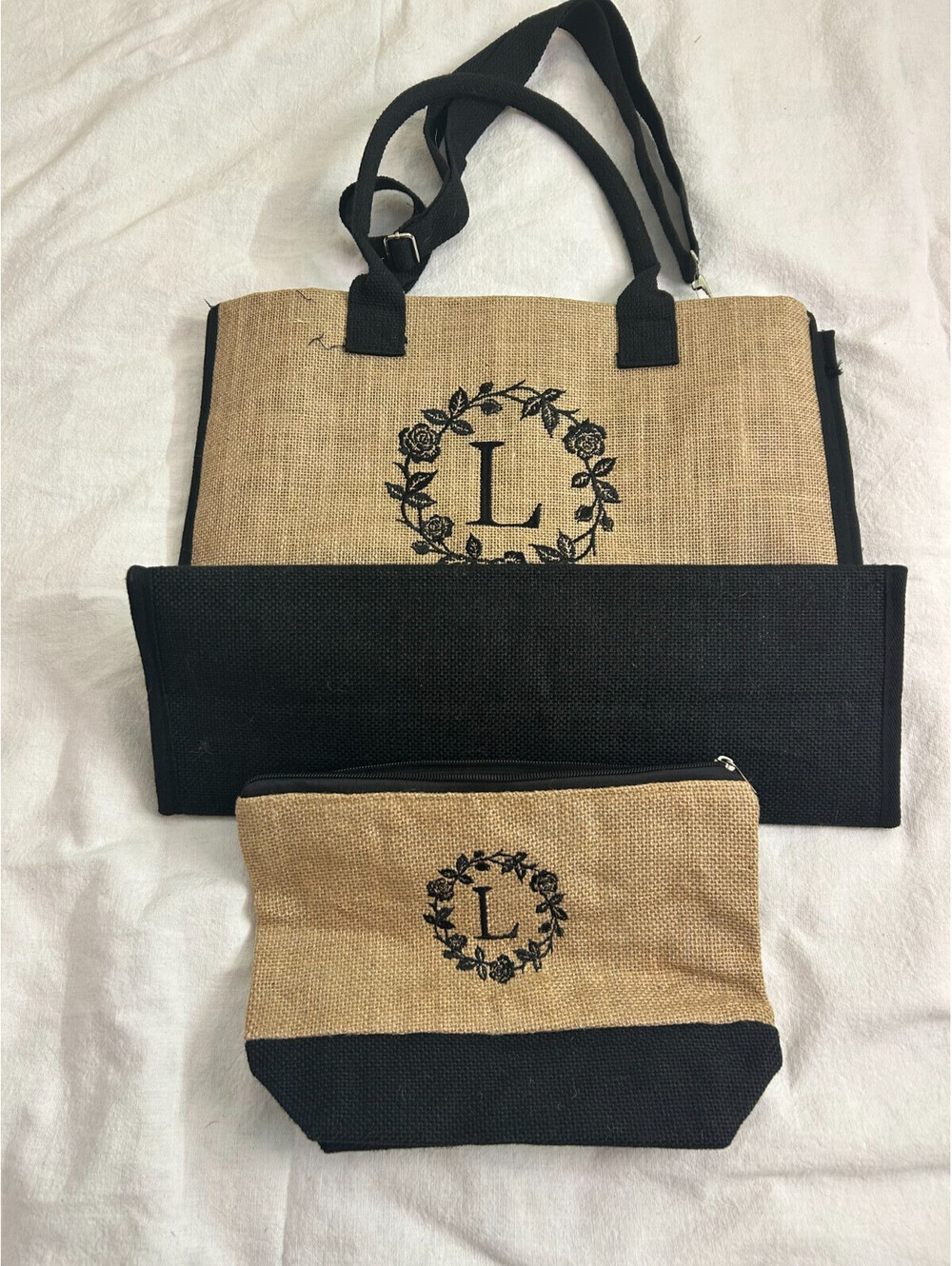 Monogrammed Jute Tote Bag Initial L Floral Wreath Canvas Beach Travel w/ Wallet